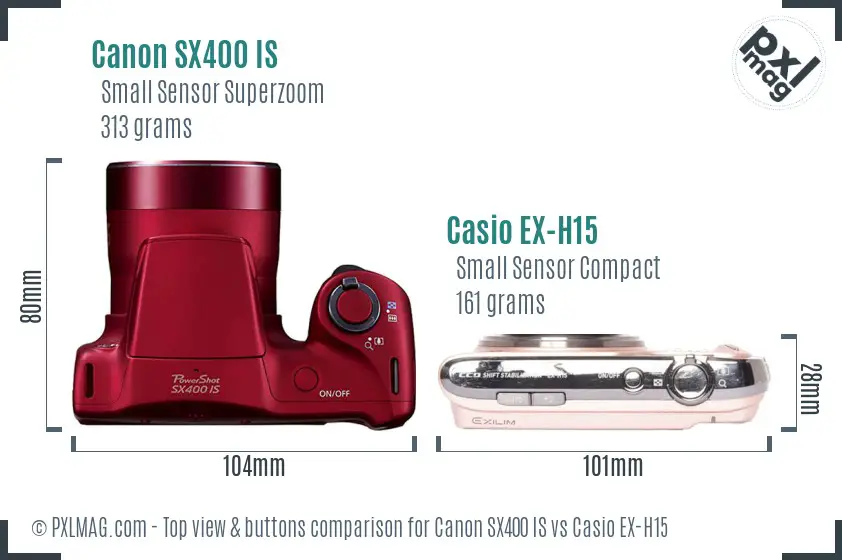 Canon SX400 IS vs Casio EX-H15 top view buttons comparison