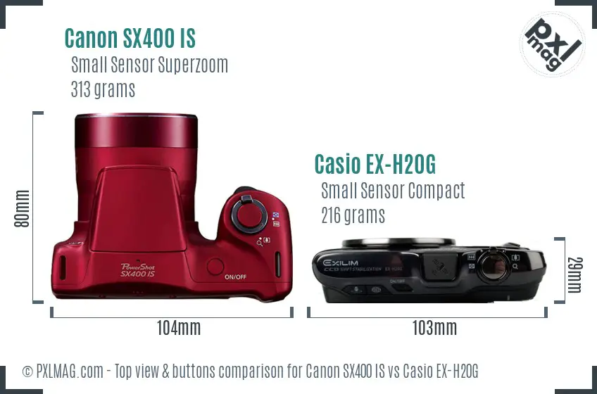 Canon SX400 IS vs Casio EX-H20G top view buttons comparison
