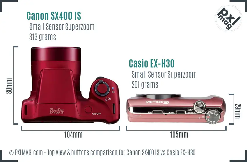 Canon SX400 IS vs Casio EX-H30 top view buttons comparison