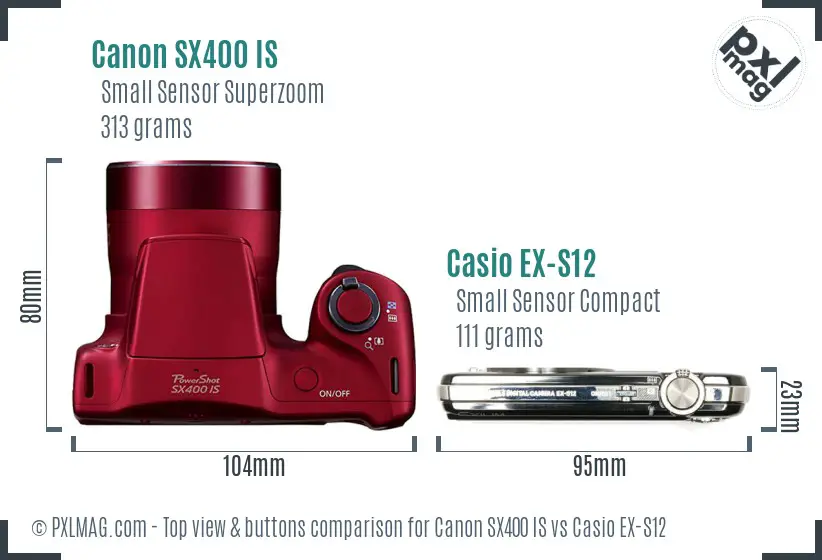 Canon SX400 IS vs Casio EX-S12 top view buttons comparison