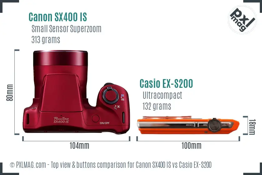 Canon SX400 IS vs Casio EX-S200 top view buttons comparison