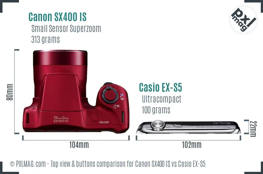 Canon SX400 IS vs Casio EX-S5 top view buttons comparison