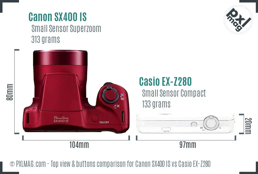 Canon SX400 IS vs Casio EX-Z280 top view buttons comparison