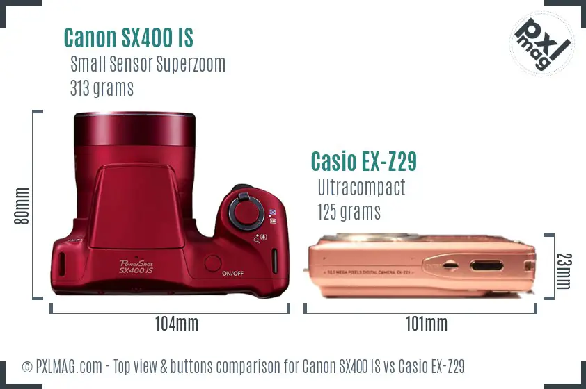 Canon SX400 IS vs Casio EX-Z29 top view buttons comparison