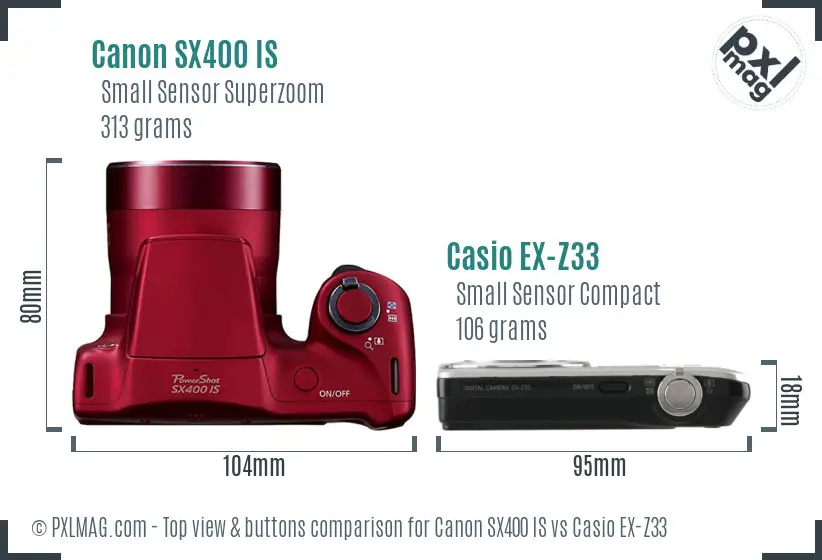 Canon SX400 IS vs Casio EX-Z33 top view buttons comparison