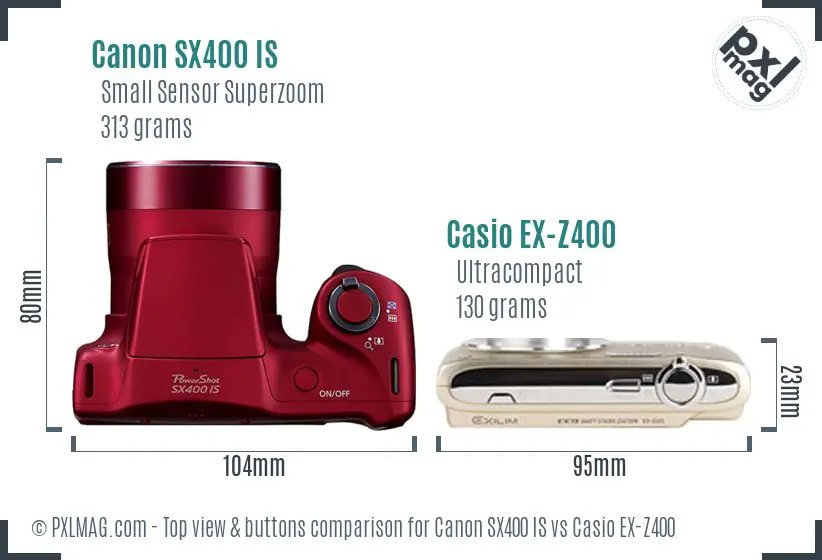 Canon SX400 IS vs Casio EX-Z400 top view buttons comparison
