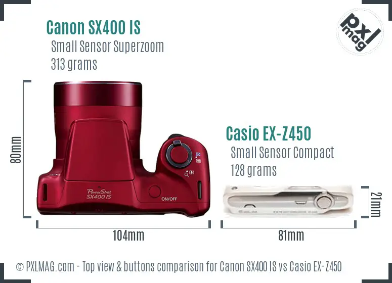 Canon SX400 IS vs Casio EX-Z450 top view buttons comparison