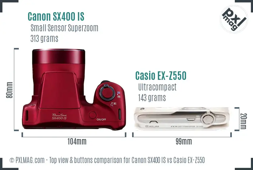 Canon SX400 IS vs Casio EX-Z550 top view buttons comparison
