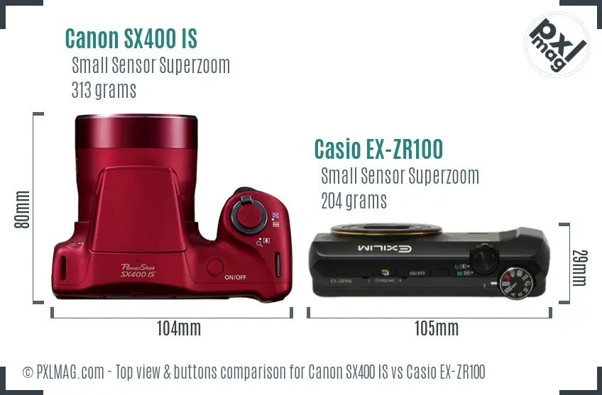 Canon SX400 IS vs Casio EX-ZR100 top view buttons comparison Canon SX400 IS vs Casio EX-ZR100 top view buttons comparison