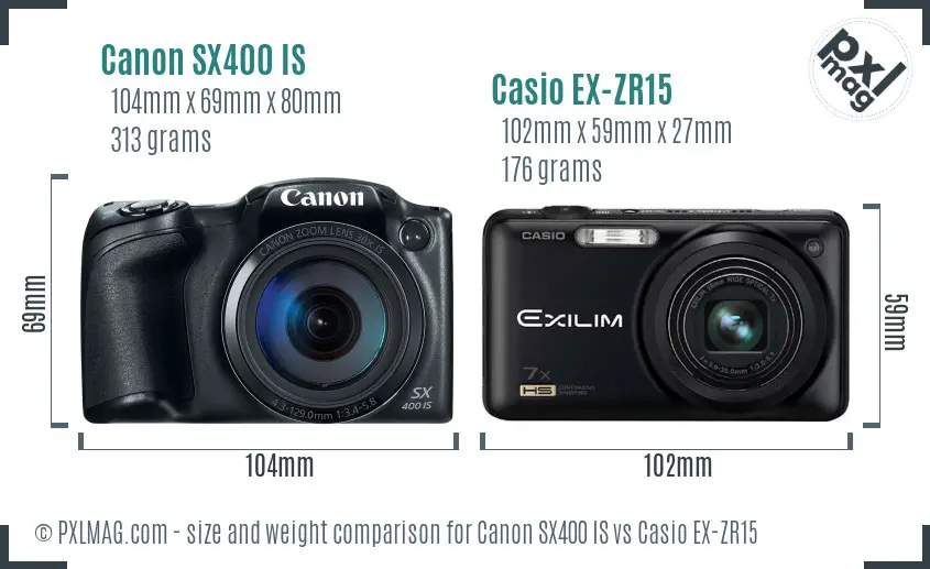 Canon SX400 IS vs Casio EX-ZR15 size comparison