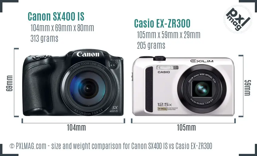 Canon SX400 IS vs Casio EX-ZR300 size comparison