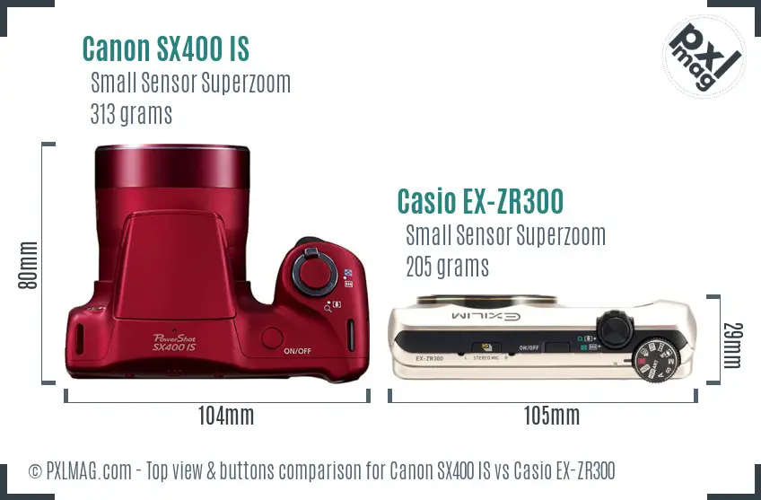 Canon SX400 IS vs Casio EX-ZR300 top view buttons comparison