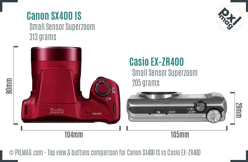 Canon SX400 IS vs Casio EX-ZR400 top view buttons comparison Canon SX400 IS vs Casio EX-ZR400 top view buttons comparison