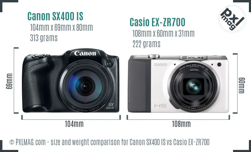 Canon SX400 IS vs Casio EX-ZR700 size comparison