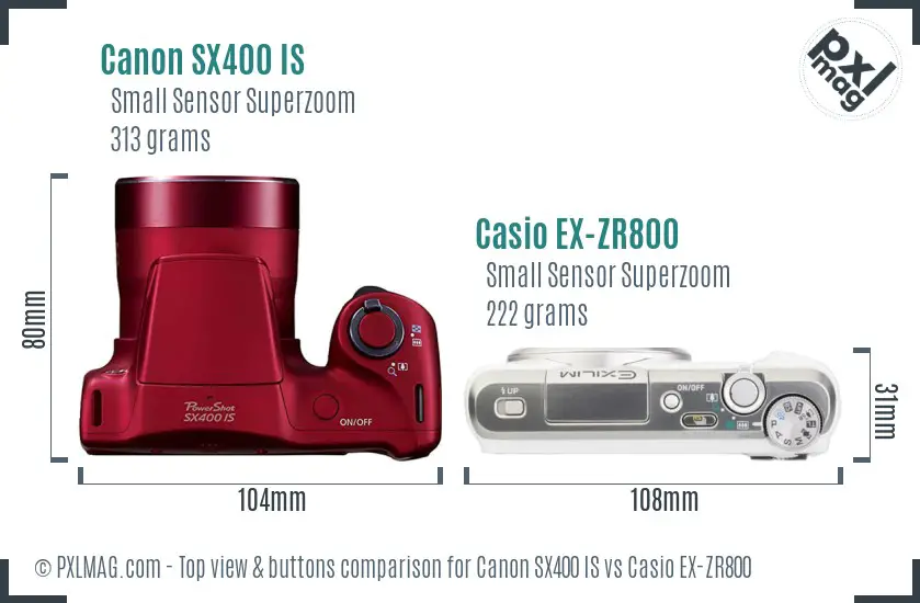 Canon SX400 IS vs Casio EX-ZR800 top view buttons comparison