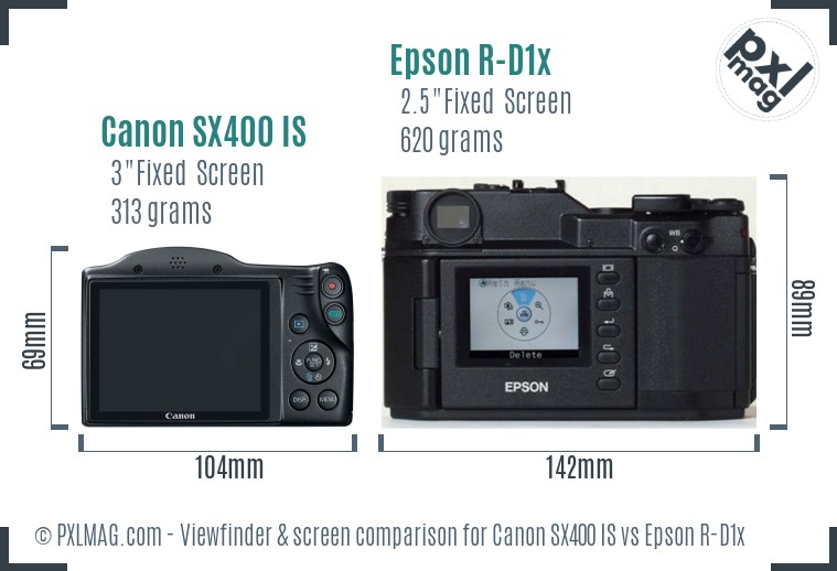 Canon SX400 IS vs Epson R-D1x Screen and Viewfinder comparison