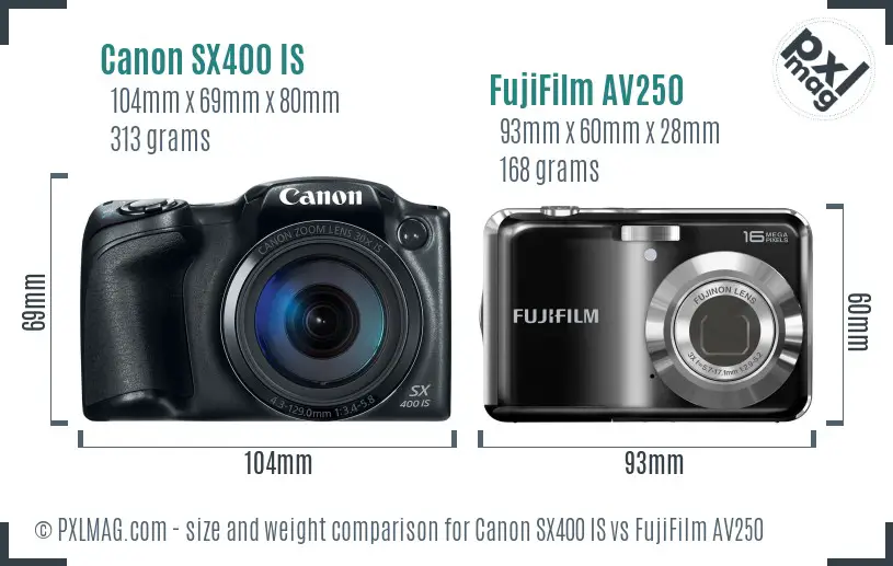 Canon SX400 IS vs FujiFilm AV250 size comparison