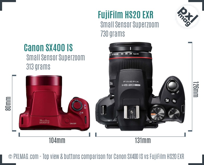 Canon SX400 IS vs FujiFilm HS20 EXR top view buttons comparison