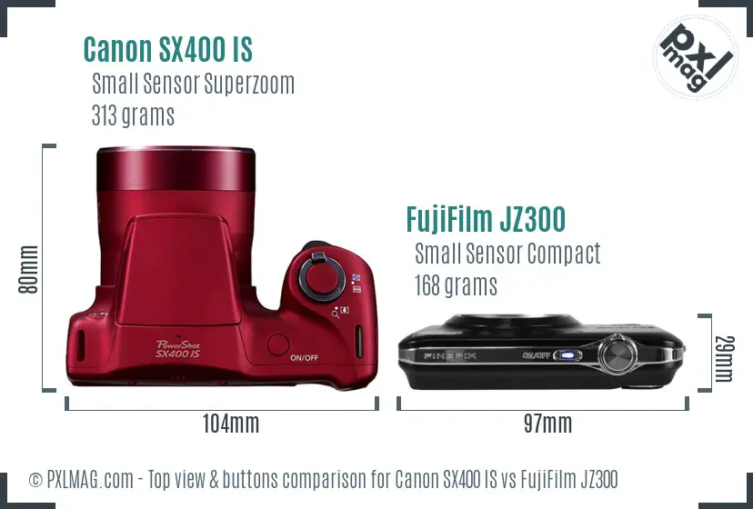 Canon SX400 IS vs FujiFilm JZ300 top view buttons comparison