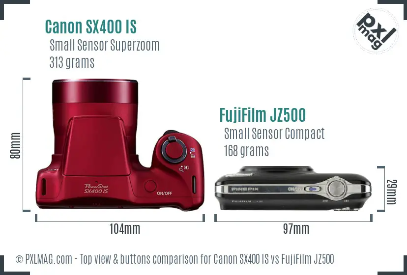 Canon SX400 IS vs FujiFilm JZ500 top view buttons comparison