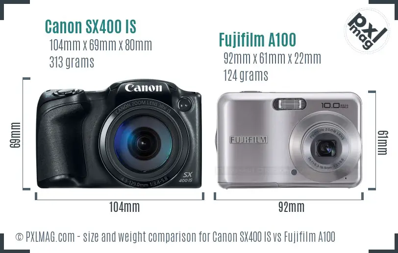 Canon SX400 IS vs Fujifilm A100 size comparison