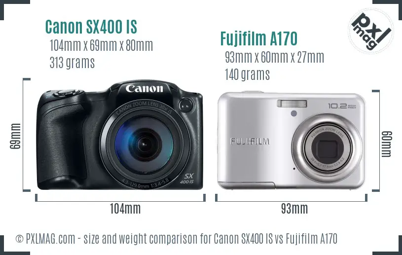 Canon SX400 IS vs Fujifilm A170 size comparison