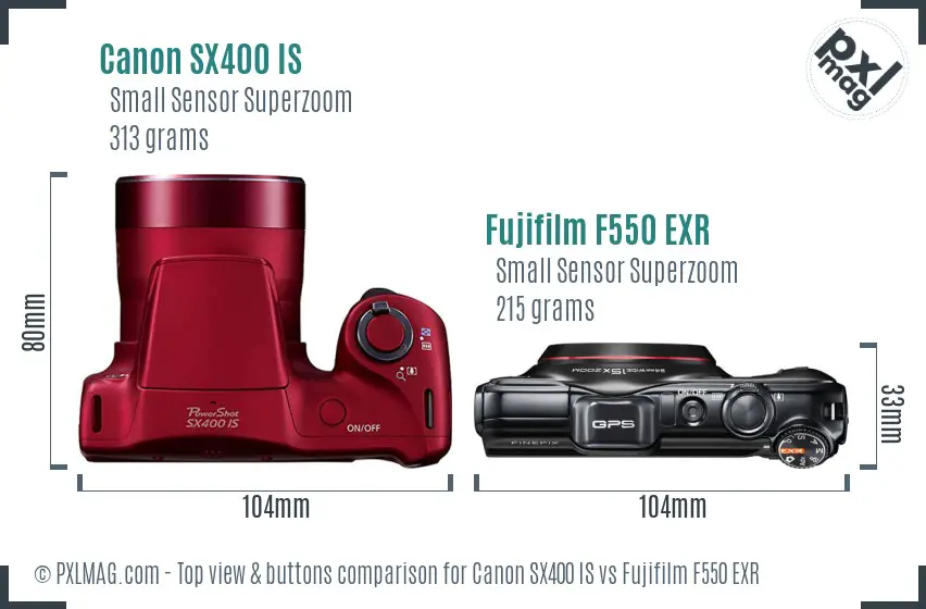 Canon SX400 IS vs Fujifilm F550 EXR top view buttons comparison