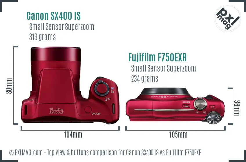 Canon SX400 IS vs Fujifilm F750EXR top view buttons comparison Canon SX400 IS vs Fujifilm F750EXR top view buttons comparison