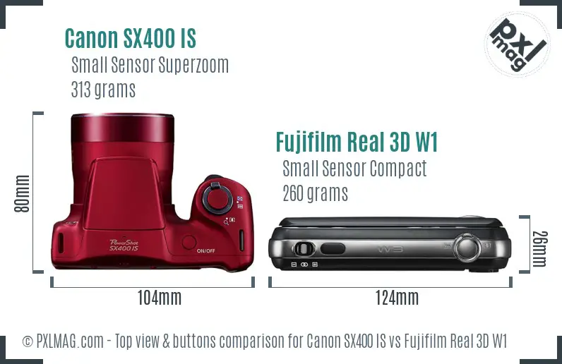 Canon SX400 IS vs Fujifilm Real 3D W1 top view buttons comparison Canon SX400 IS vs Fujifilm Real 3D W1 top view buttons comparison