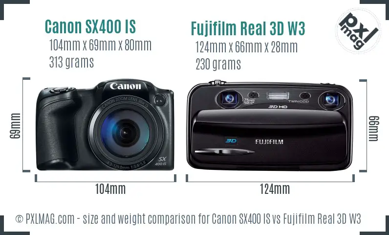 Canon SX400 IS vs Fujifilm Real 3D W3 size comparison