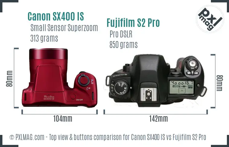 Canon SX400 IS vs Fujifilm S2 Pro top view buttons comparison Canon SX400 IS vs Fujifilm S2 Pro top view buttons comparison