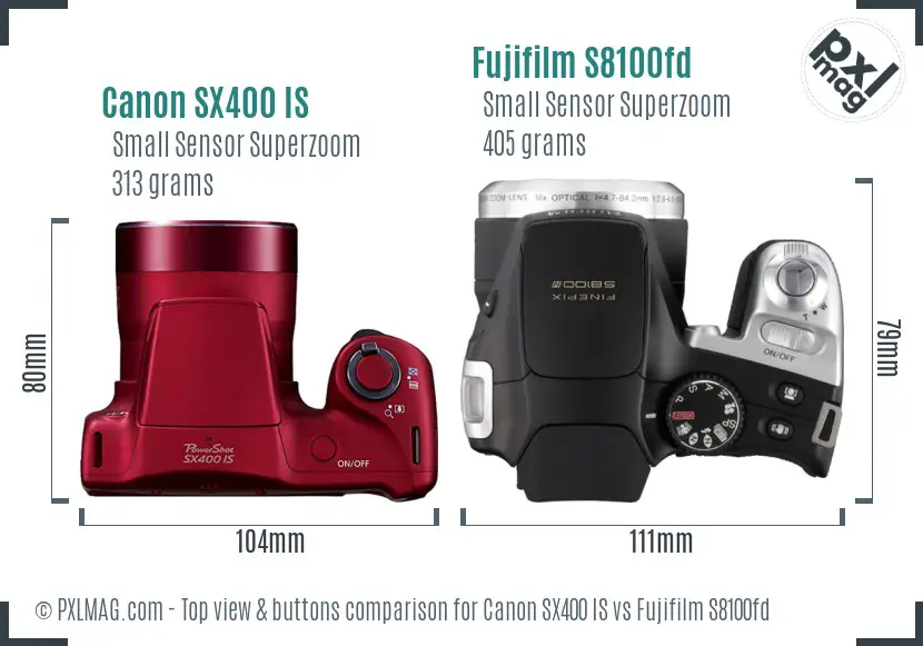 Canon SX400 IS vs Fujifilm S8100fd top view buttons comparison Canon SX400 IS vs Fujifilm S8100fd top view buttons comparison