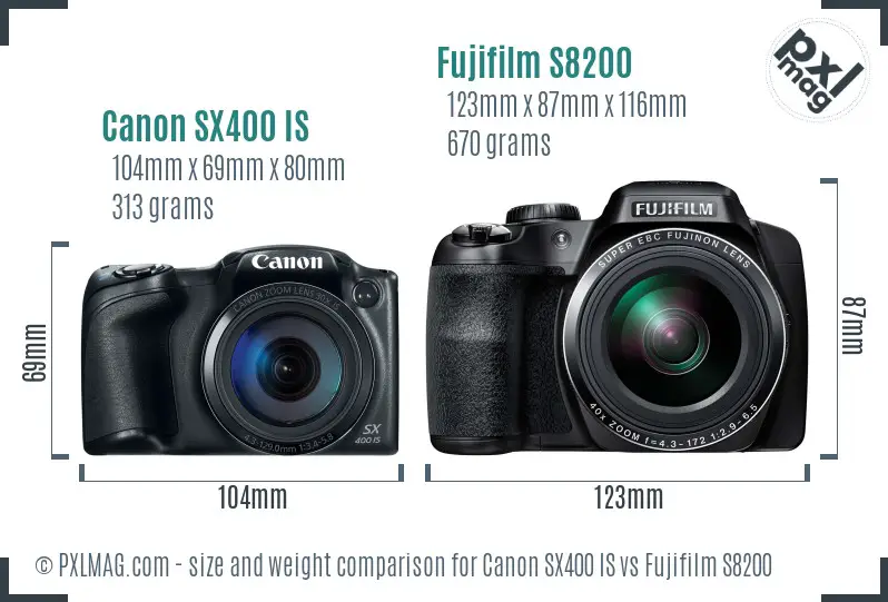 Canon SX400 IS vs Fujifilm S8200 size comparison