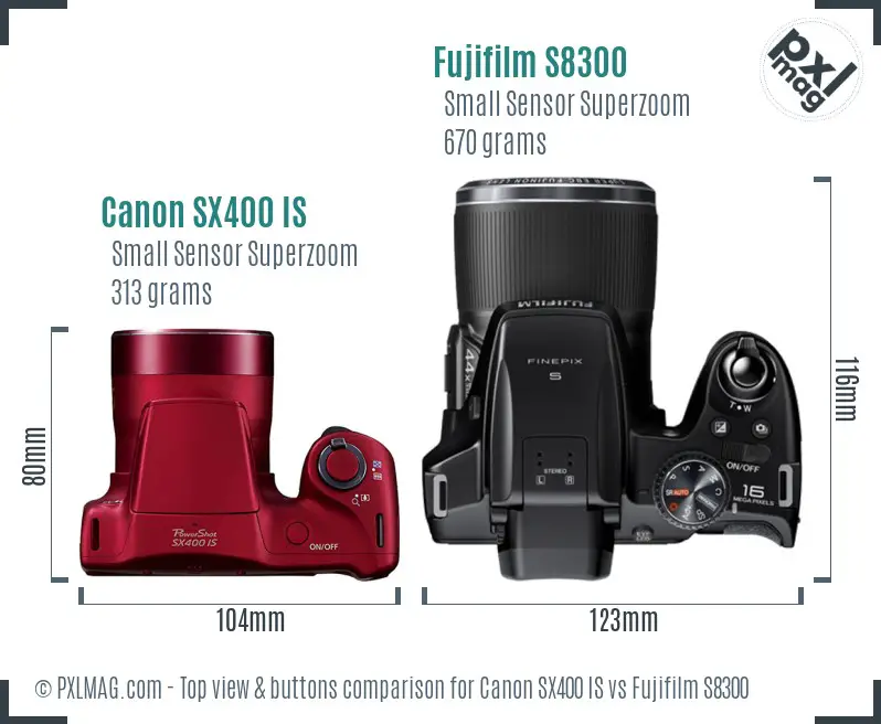 Canon SX400 IS vs Fujifilm S8300 top view buttons comparison