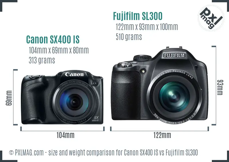 Canon SX400 IS vs Fujifilm SL300 size comparison
