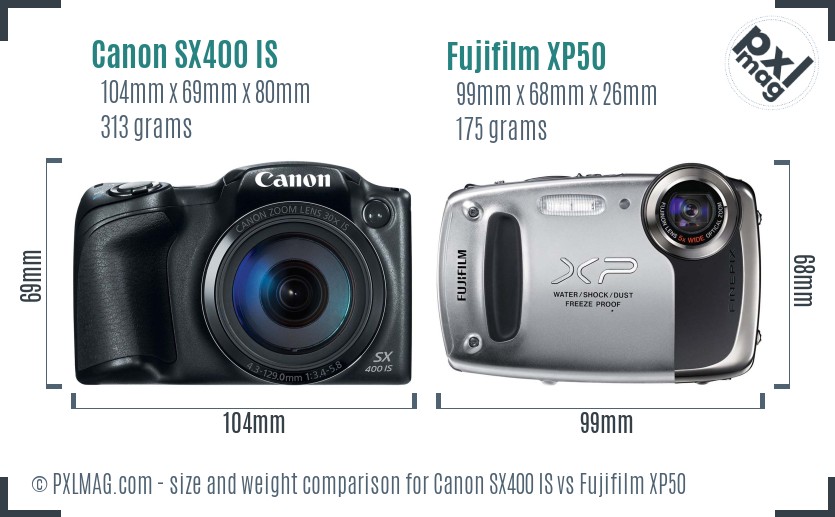 Canon SX400 IS vs Fujifilm XP50 size comparison