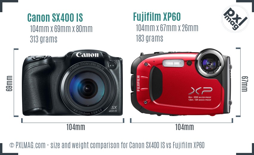 Canon SX400 IS vs Fujifilm XP60 size comparison