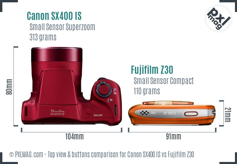 Canon SX400 IS vs Fujifilm Z30 top view buttons comparison
