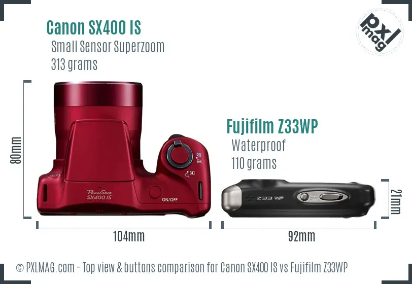 Canon SX400 IS vs Fujifilm Z33WP top view buttons comparison Canon SX400 IS vs Fujifilm Z33WP top view buttons comparison