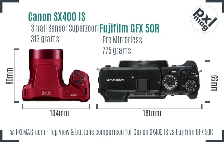 Canon SX400 IS vs Fujifilm GFX 50R top view buttons comparison