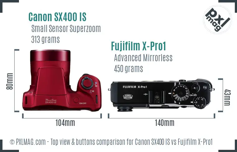 Canon SX400 IS vs Fujifilm X-Pro1 top view buttons comparison