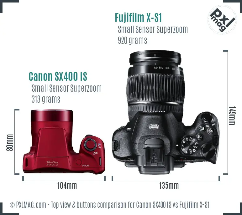 Canon SX400 IS vs Fujifilm X-S1 top view buttons comparison