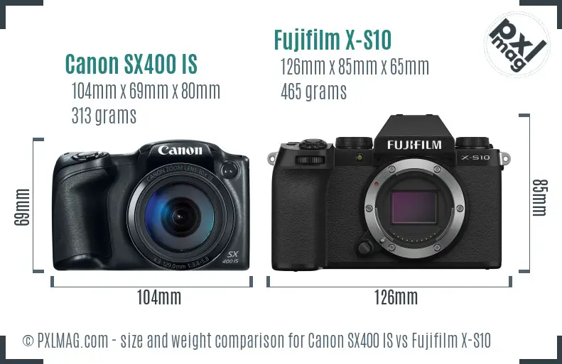Canon SX400 IS vs Fujifilm X-S10 size comparison