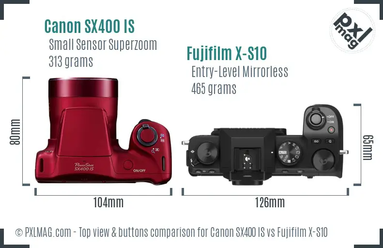 Canon SX400 IS vs Fujifilm X-S10 top view buttons comparison