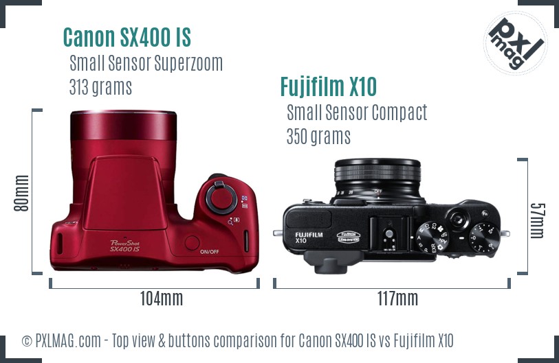 Canon SX400 IS vs Fujifilm X10 top view buttons comparison