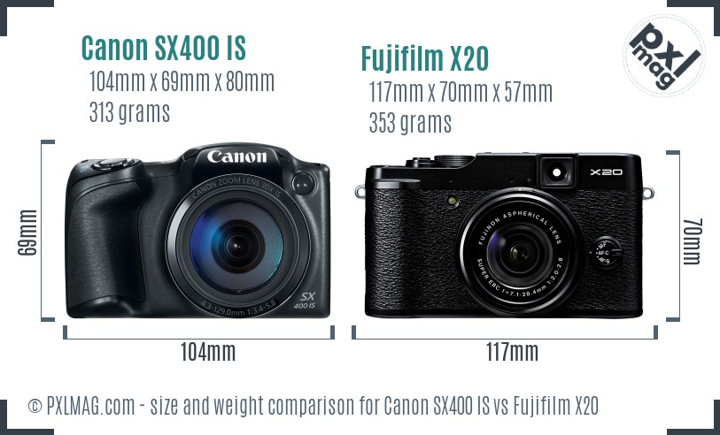 Canon SX400 IS vs Fujifilm X20 size comparison