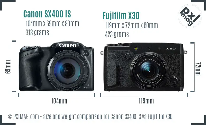 Canon SX400 IS vs Fujifilm X30 size comparison