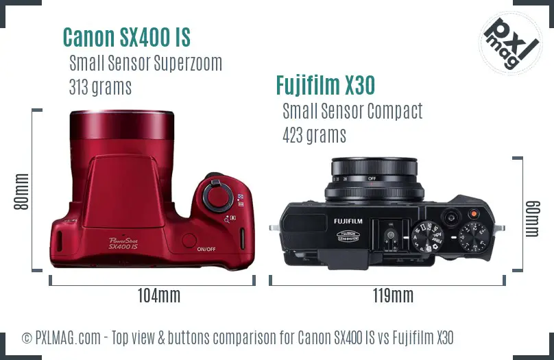 Canon SX400 IS vs Fujifilm X30 top view buttons comparison