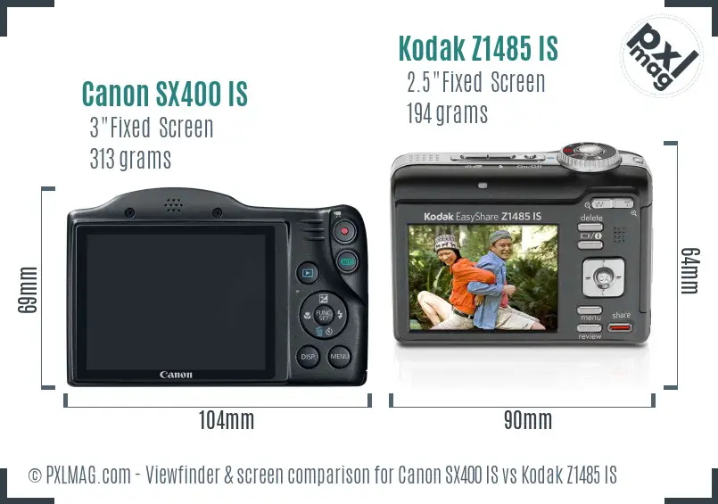 Canon SX400 IS vs Kodak Z1485 IS Screen and Viewfinder comparison