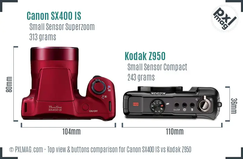 Canon SX400 IS vs Kodak Z950 top view buttons comparison